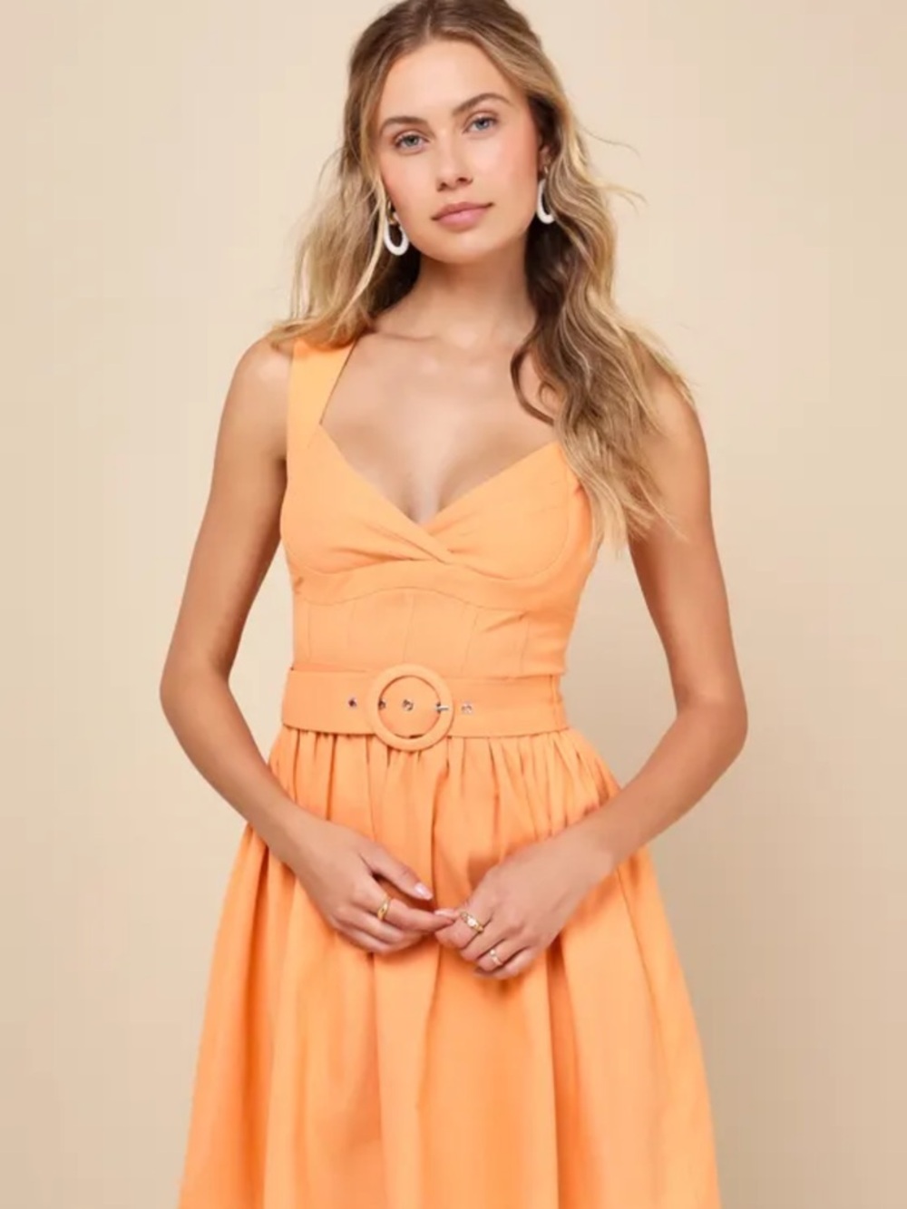 Lulu's Light orange Belted Midi Dress
